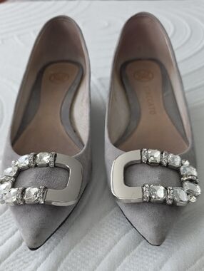 Staccato Taupe Pointed Toe Flats with Crystal Buckle